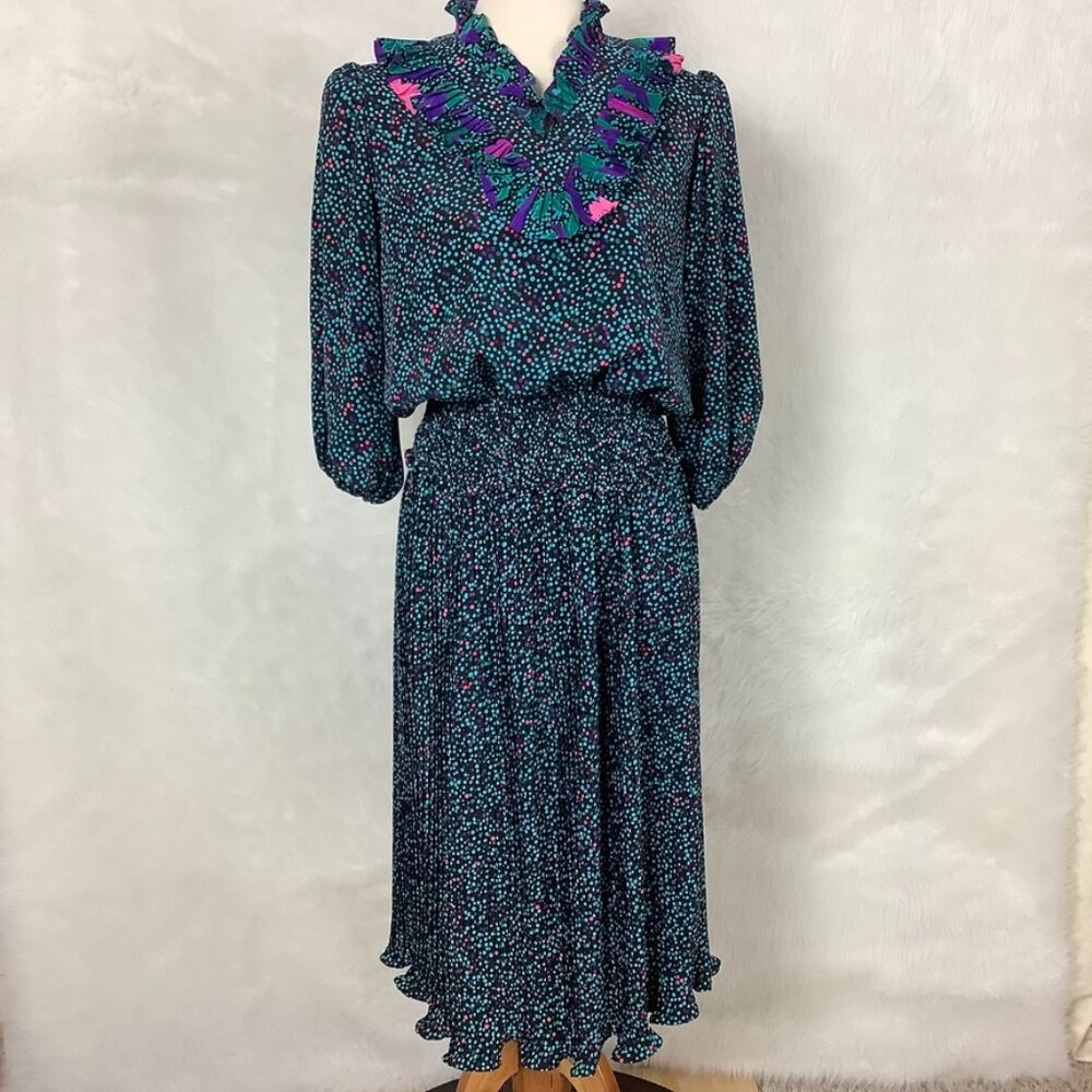 Vintage 80s Susan Freis Blue, Pink, Purple Polka Dot Pleated Ruffle Skirt Set XS